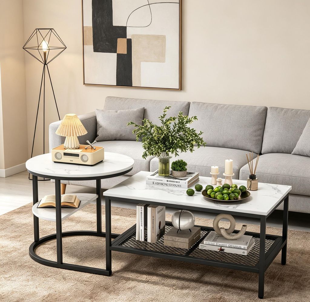 INONEFT 2er-Set Couchtische, Beistelltische, Marmoroptik, Produktbild 