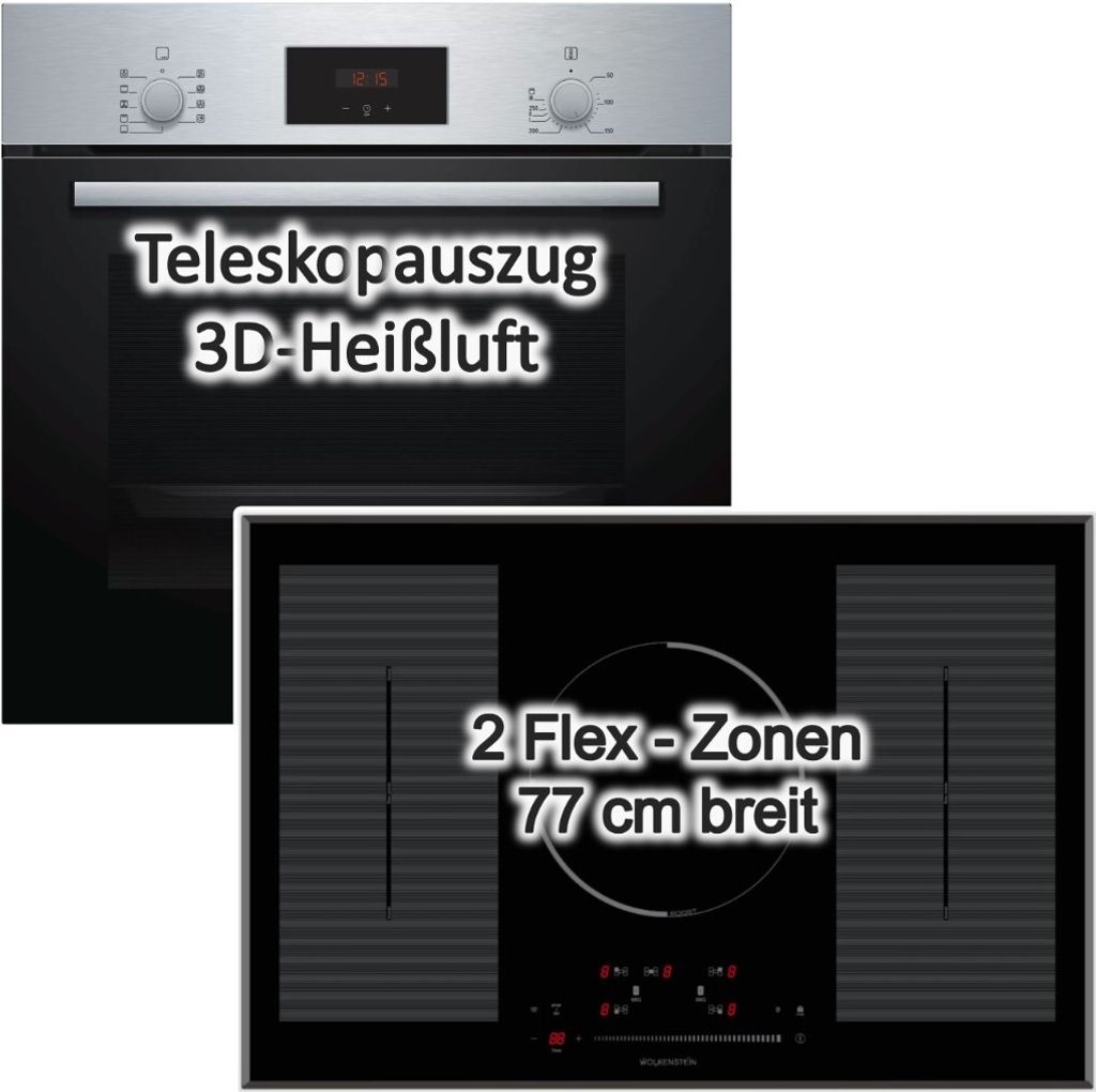 HERDSET autark Bosch Einbau-Backofen mit großen 77 cm Flex Induktionskochfeld NEU