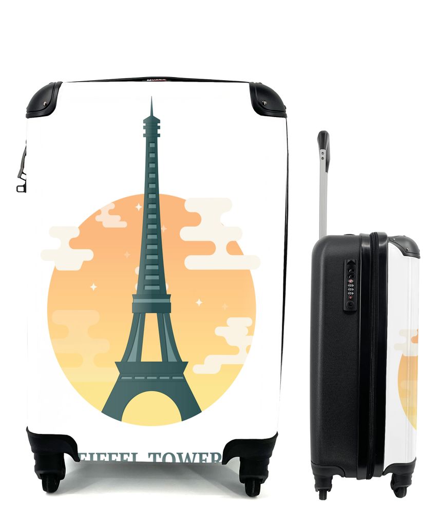 MuchoWow Koffer Handgepäck Trolley Rollkoffer Kleine Reisekoffer mit 4 Rollen - Eine Illustration des Eiffelturms mit einer Sonne als Hintergrun...
