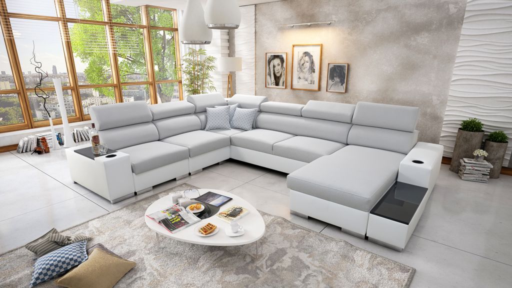 Wohnlandschaft in U-Form PERS VIII Ecksofa Rechts Eckcouch mit Schlaffunktion Grau Stoff LUXO 6601 + weißes Kunstleder