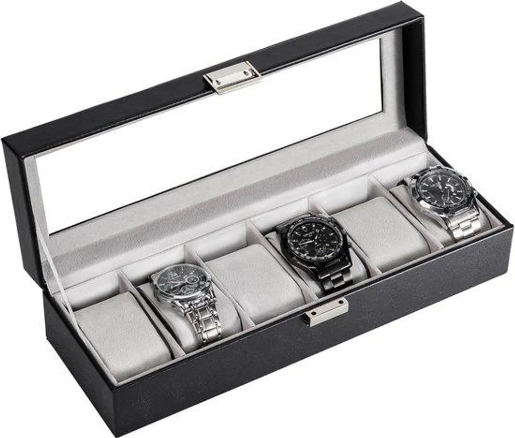 Coffret à montres à 6 compartiments noir en cuir synthétique chic
