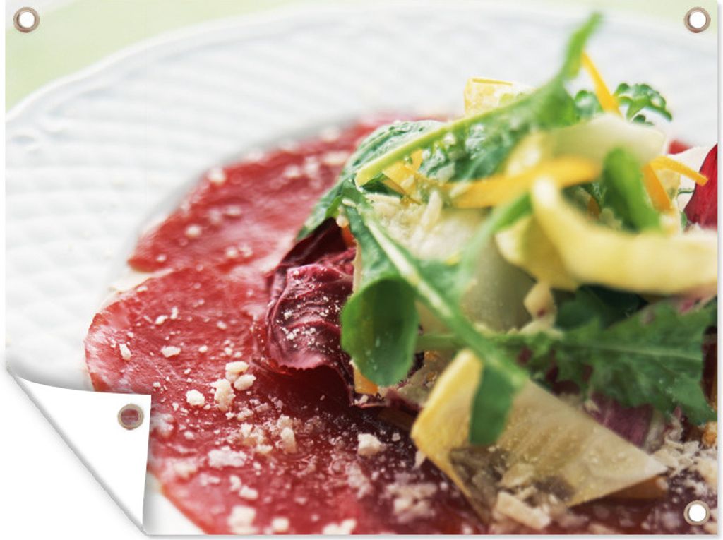 MuchoWow 80x60 cm Outdoor-Poster Gartendeko Sichtschutz Garten Poster für den Garten Carpaccio mit Rucola und Zitronenschalen