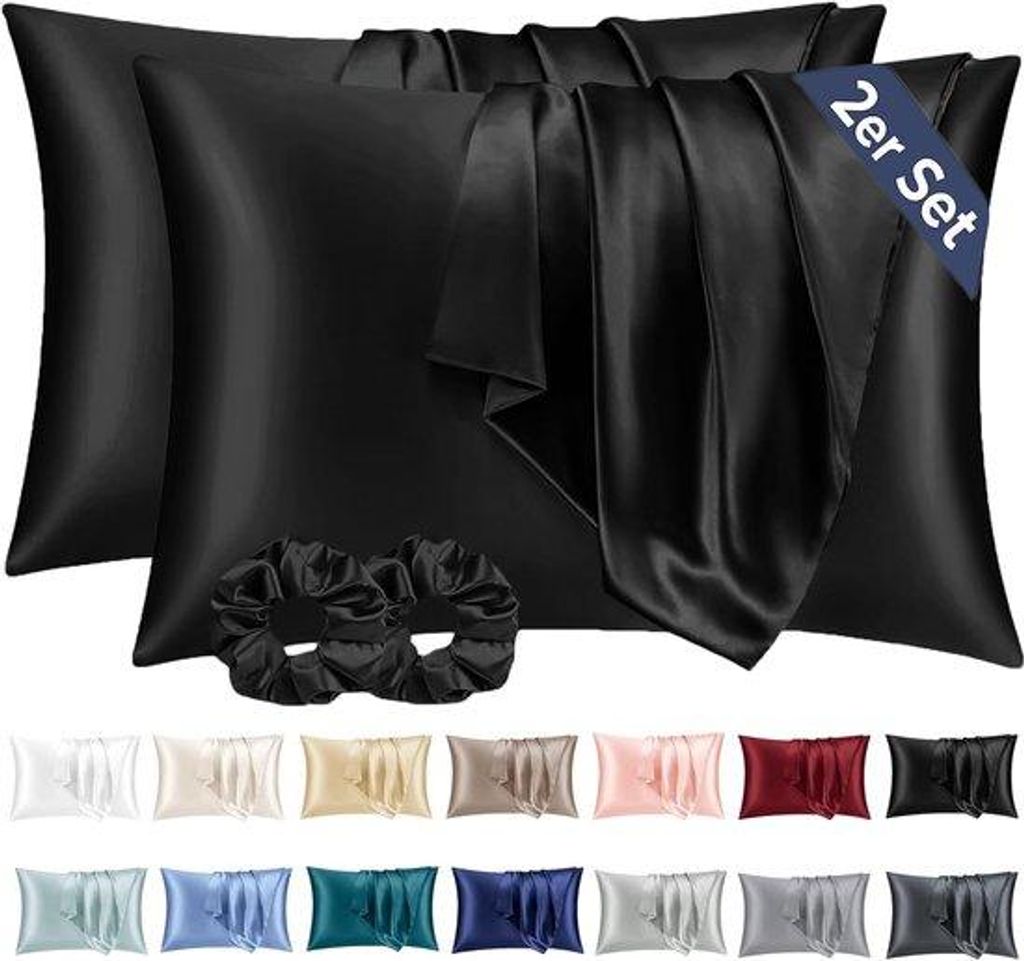 Famanu Satin Kissenbezüge 40x80 cm schwarz Set 2, seidig weich für Haar und Haut, mit Hülle und 2 Haargummis