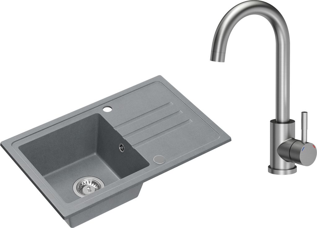 VBChome Spülbecken Granit Grau mit Armatur 70 x 44 cm Einzelbecken Einbauspüle Gesprenkelt Reversibel Granitspüle Siphon Waschbecken Armatur Inox