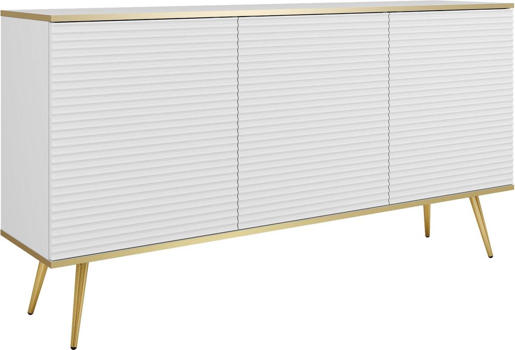 Komodee, Kommode Banff K160 MDF - Weiß - Goldene Beine - Geriffelte Fronten - Breite 160 cm, Höhe 85 cm, Tiefe 39 cm