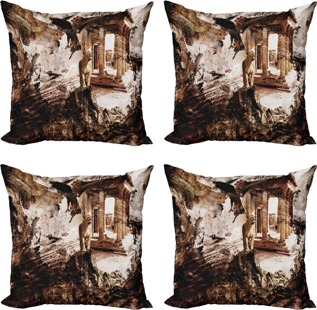 ABAKUHAUS Braun und weiß Kissenbezug Set (4 Stück), Lion und Hawk, Moderner Doppelseitiger Digitaldruck, 45 cm x 45 cm, Braun Hellbraun Weiß