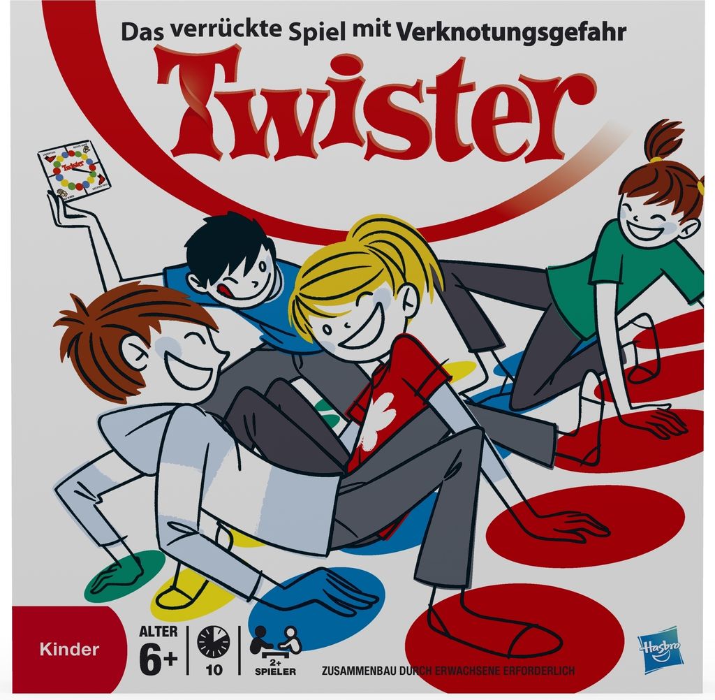 The image shows the packaging of the Twister game, featuring cartoon characters playing the game.