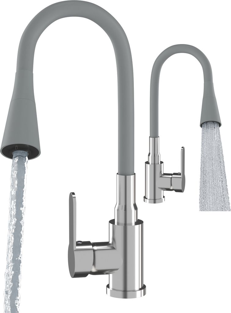 Two kitchen faucets, one in the foreground with water flowing, and another smaller one in the background.