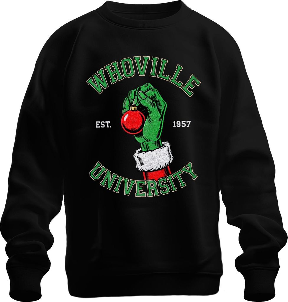 WHOVILLE UNIVERSITY Grinch Weihnachten Christbaumkugel Retro Uni Sweatshirt Pullover, Schwarz, L