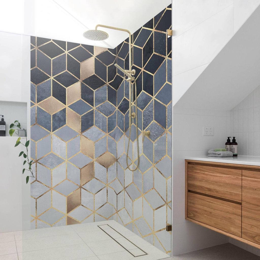 Duschrückwand Muster selbstklebend - 0.61 mm Wandpaneel wasserfest Geometrisch gold Aquarell Abstrakt Badrückwand fugenlos Premium matt 100x210 cm