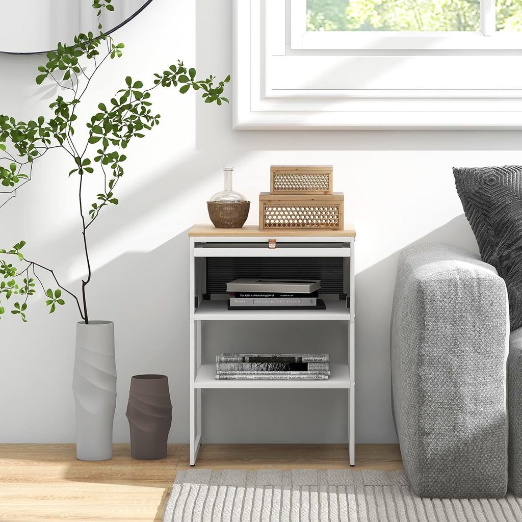 COSTWAY Nachttisch Beistelltisch Holz, Nachtschrank mit Metallrahmen & Ablage & durchsichtiger Tür, Sofatisch für Wohnzimmer 40 x 32 x 56 cm Weiß