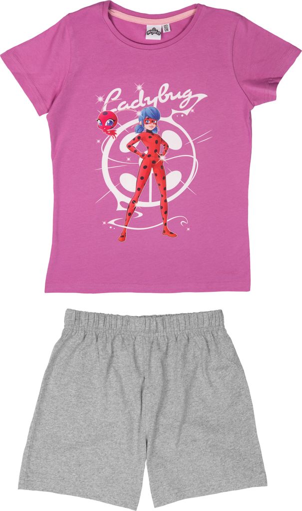 Miraculous Schlafanzug für Mädchen - Ladybug Kinder Pyjama Set Kurzarm Oberteil mit Hose Pink/Grau 110-116