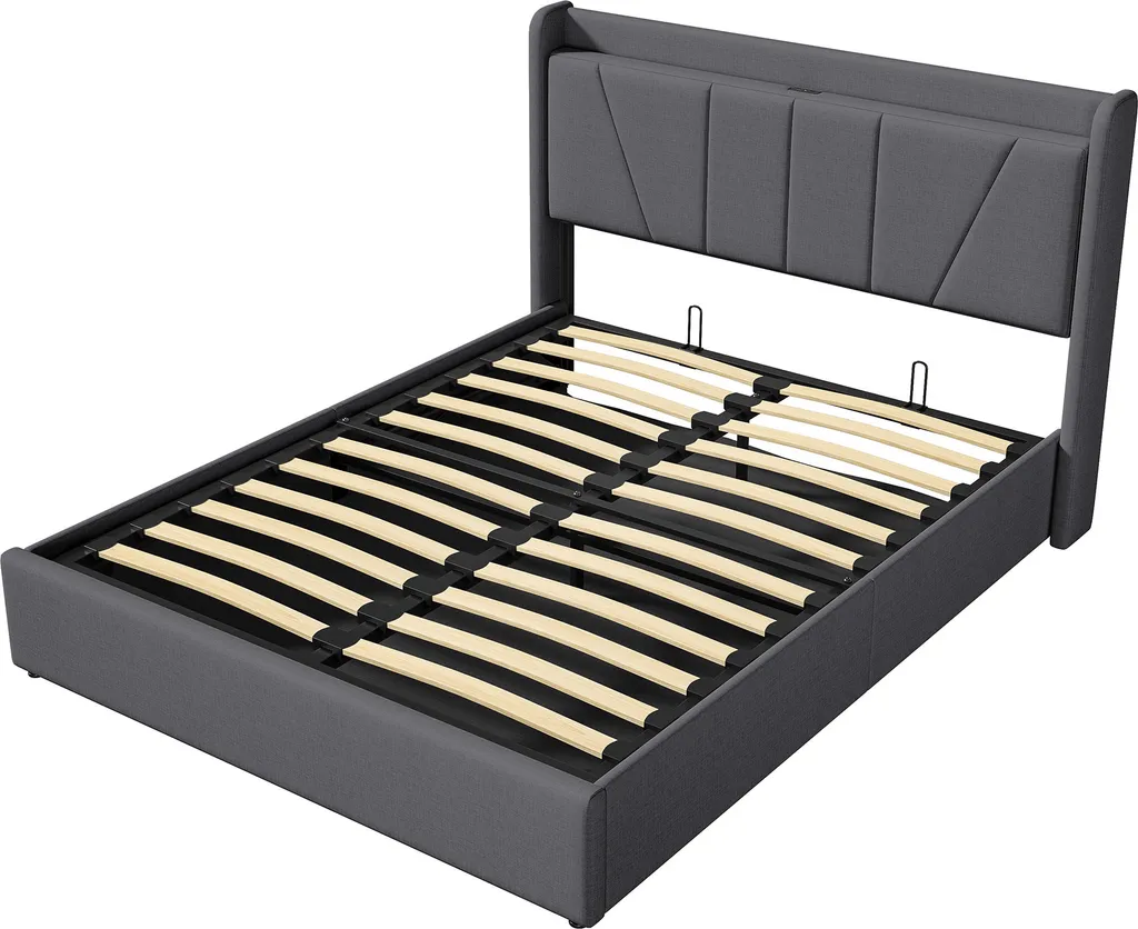 Lit coffre 140x200 en lin gris avec port USB et sommier à lattes