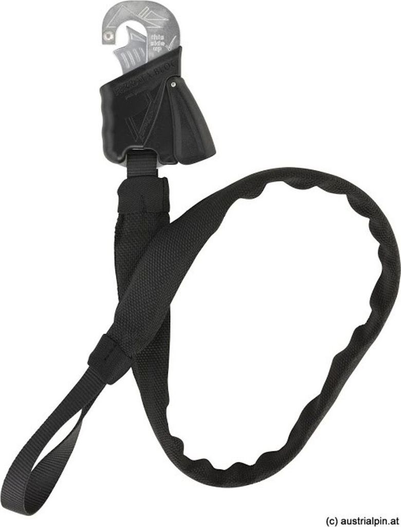 AustriaAlpin Ferrata.Bloc Klettersteigbremse mit schwarzem Gurt und Sicherungsmechanismus.