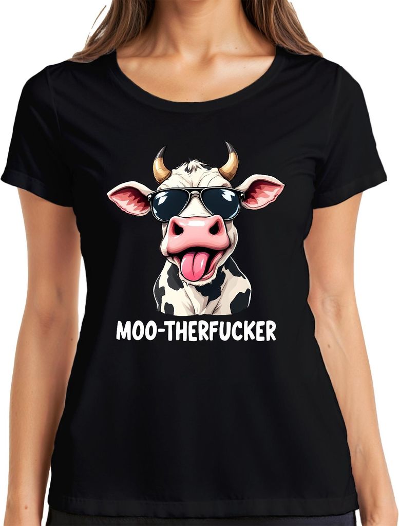 MOO-THERFUCKER lustige Kuh Sonnenbrille Cartoon Bauer Geschenk Damen T-Shirt, Schwarz, 3XL