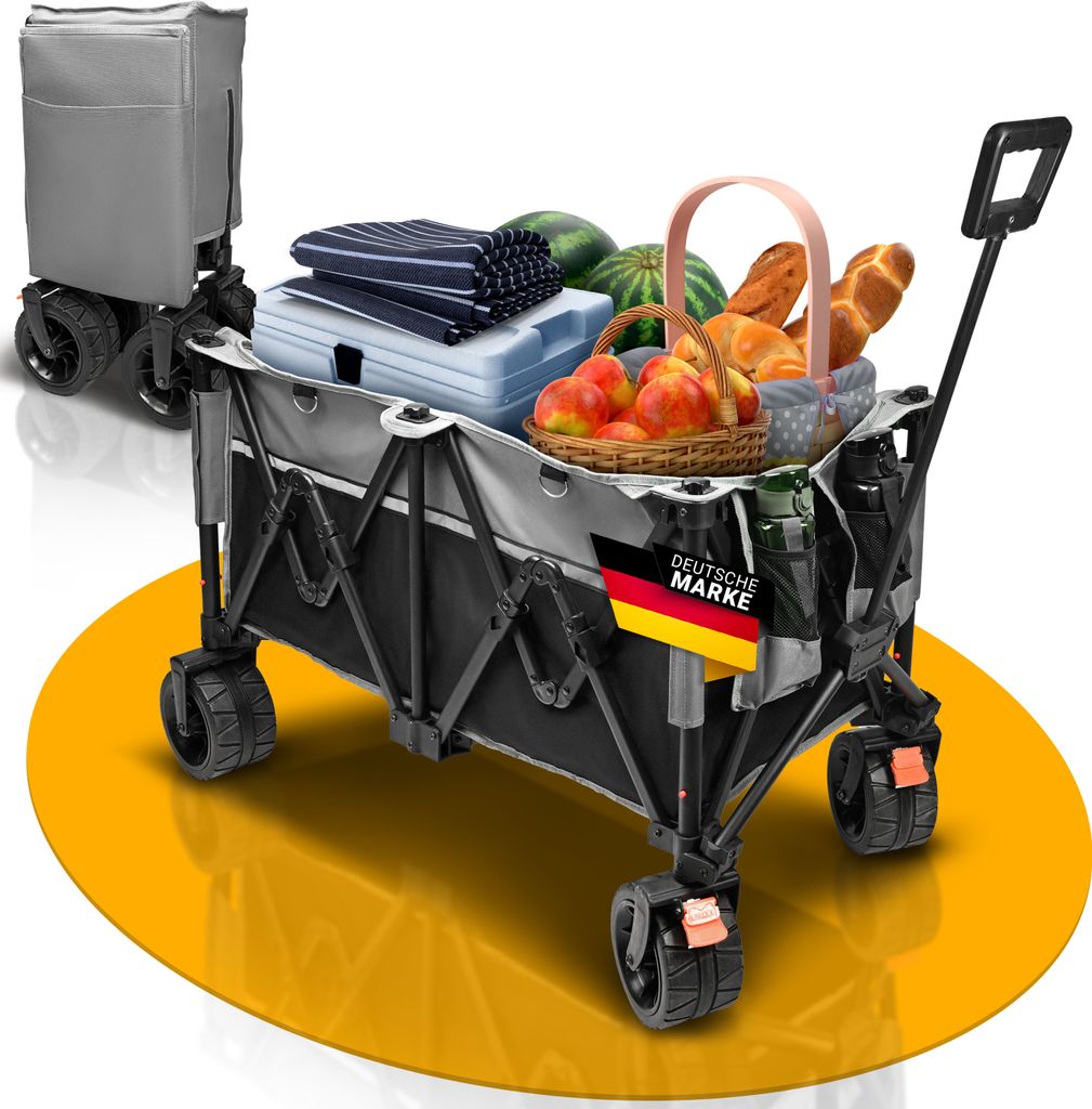 Bollerwagen faltbar, 17x10 cm breite Reifen XXL-Tasche, 200 KG & 150 L Faltbarer Handwagen, Camping Transport Strand Leiterwagen Transportwagen