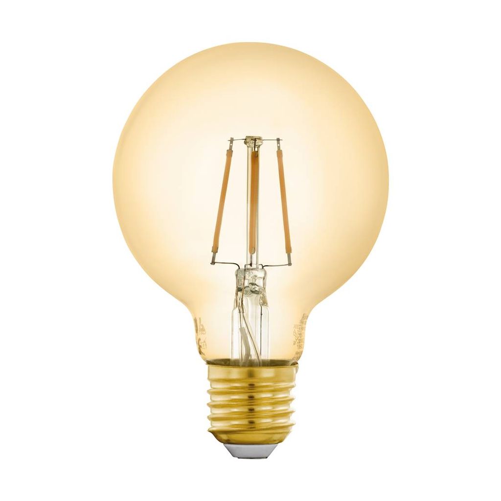 A close-up studio shot of a vintage-style LED light bulb with an amber-tinted glass globe and a gold-colored screw base.