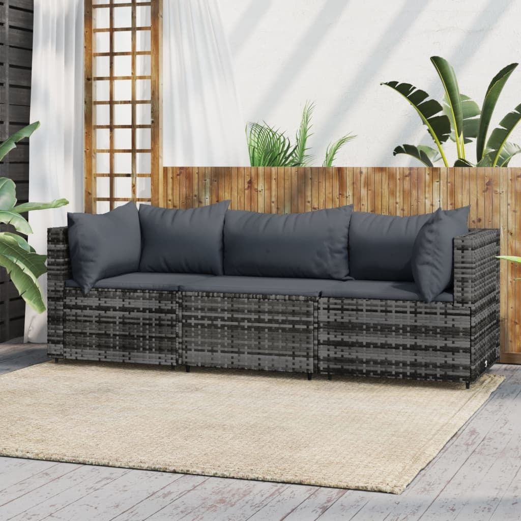 ZMH 3-tlg. Garten-Lounge-Set mit Kissen Grau Poly Rattan