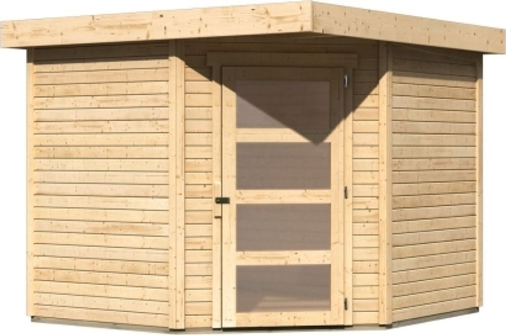 A wooden garden shed with a modern design and a door with translucent panels.