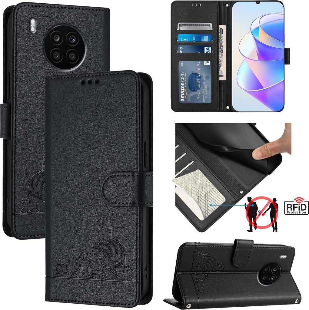 Leder Hülle für Huawei Nova 8i/Honor 50 Lite Süße Katze Flip Case Brieftasche Schutzhülle mit Standfunktion Schwarz
