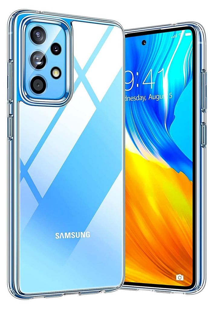 A clear phone case is shown with a smartphone inside, displaying a time and date on its screen.