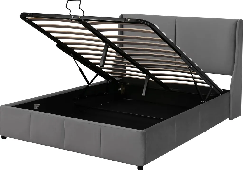 Lit Double 140x200 avec Coffre Intégré et Tête de Lit en Velours Gris - 9