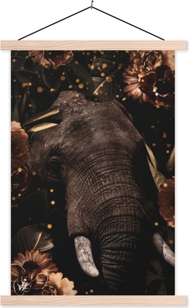 MuchoWow Textilposter Elefant - Blumen - Gold 40x60 cm mit holzfarbenen Rahmen - Poster