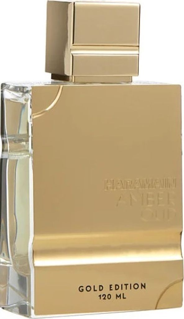 A close-up studio shot of a gold-colored perfume bottle.