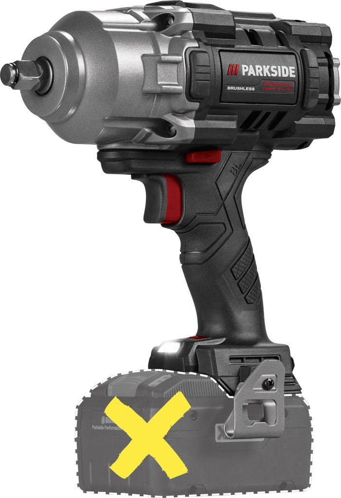 A cordless impact wrench with a battery pack attached, shown against a white background.