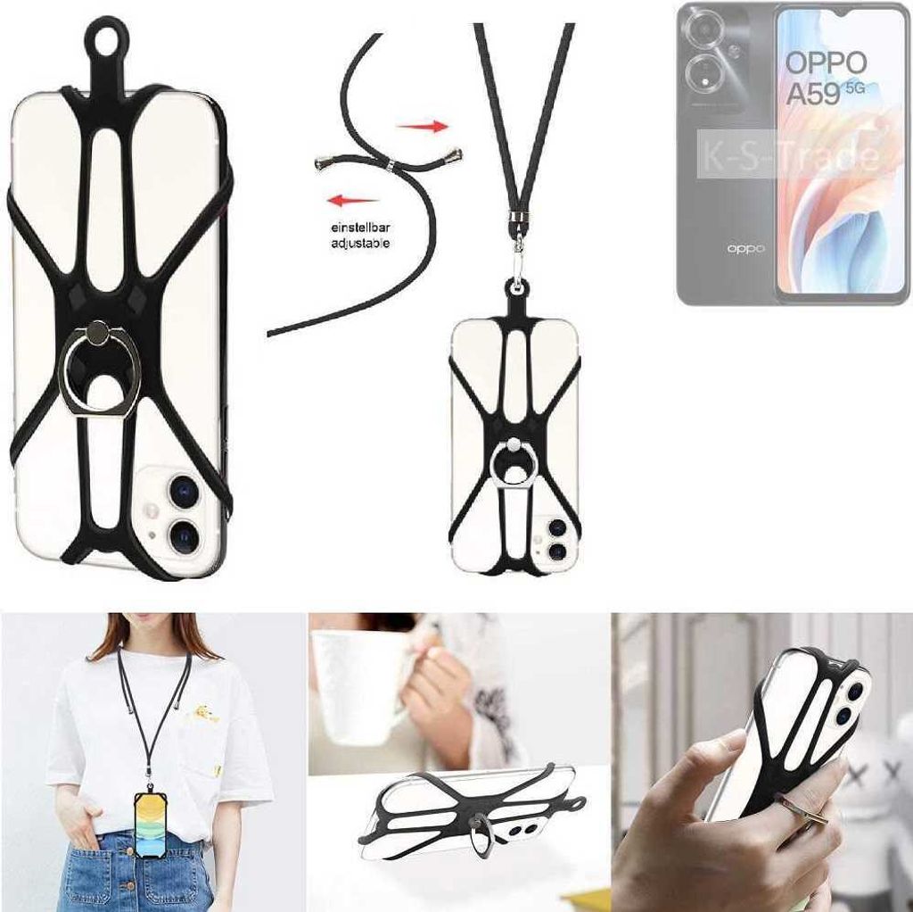 K-S-Trade 3in1 Handykette Handyband Handykordel Halsband Smartphone-Ring Handy-Ring kompatibel mit Oppo A59 5G Fingerhalterung Handyring Tischständer