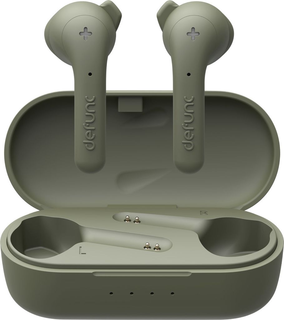 A pair of green wireless earbuds and their charging case are shown against a white background.