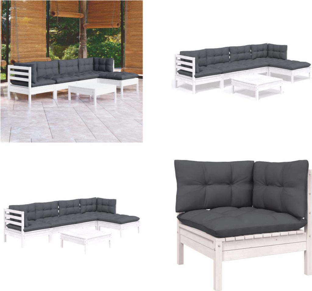 vidaXL 6 tlg. Garten Lounge Set mit Kissen Weiß Kiefernholz - Garten-Lounge-Set - Garten-Lounge-Sets - Gartenmöbel-Set - Gartenmöbel-Sets