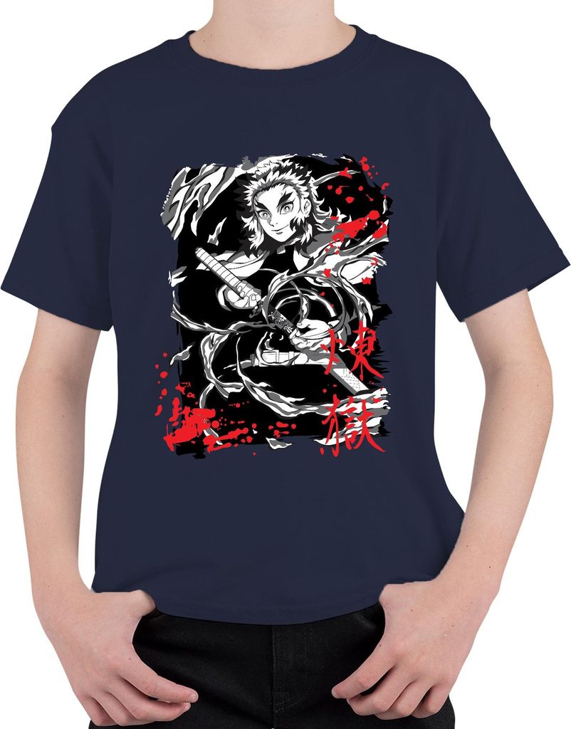 Rengoku Kimetsu no Yaiba Flammen Schwert Anime Fan grunge Uni Kinder T-Shirt, Navy, 140