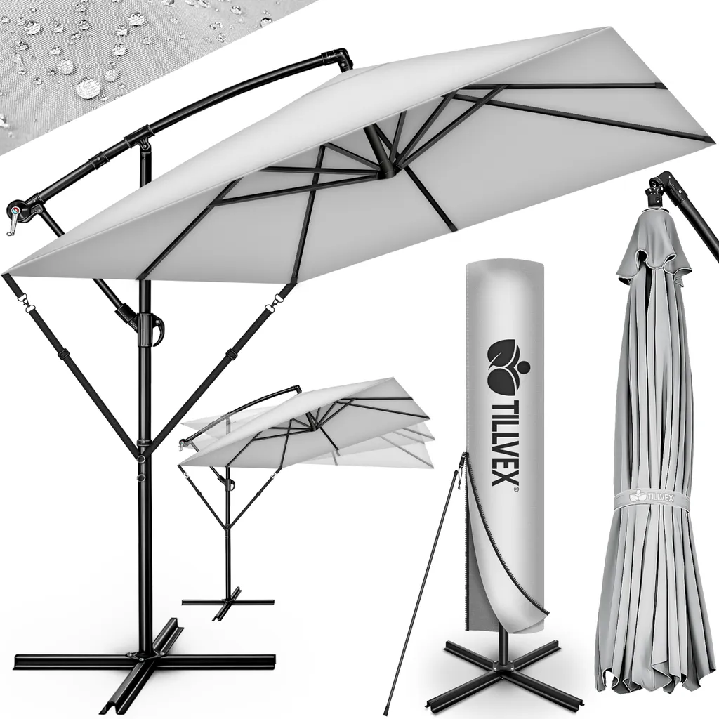 tillvex® Ombrellone in alluminio rettangolare Ø 330 cm grigio + copertura con manovella | Ombrellone quadrato con supporto e parabrezza | Ombrellone da giardino in alluminio con protezione UV | Ombrellone a manovella impermeabile ruotabile a 360 gradi - 1