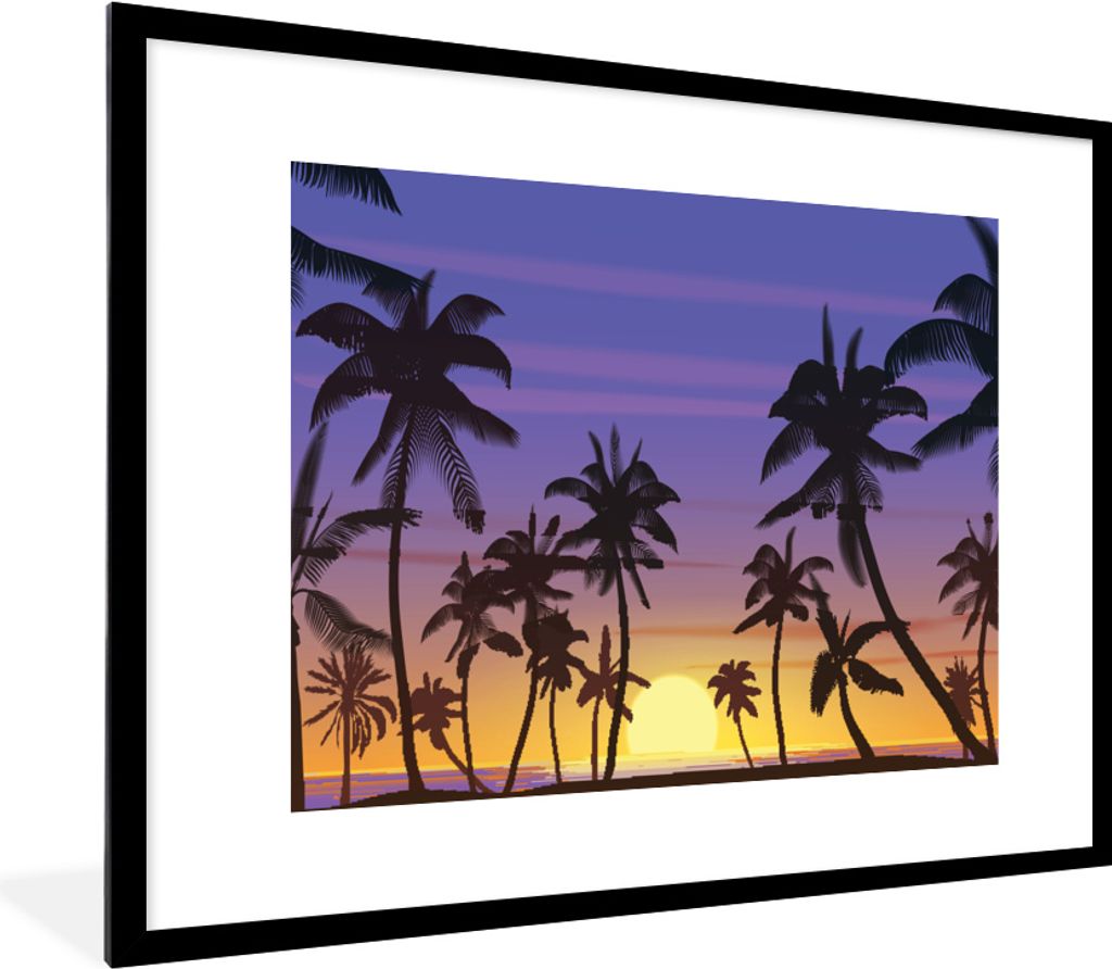 MuchoWow MuchoWow Gerahmtes Poster Palme - Sonne - Meer 80x60 cm - Poster mit zchwarzem Bilderrahmen - Schlafzimmer-Dekorationen - Fotoposter