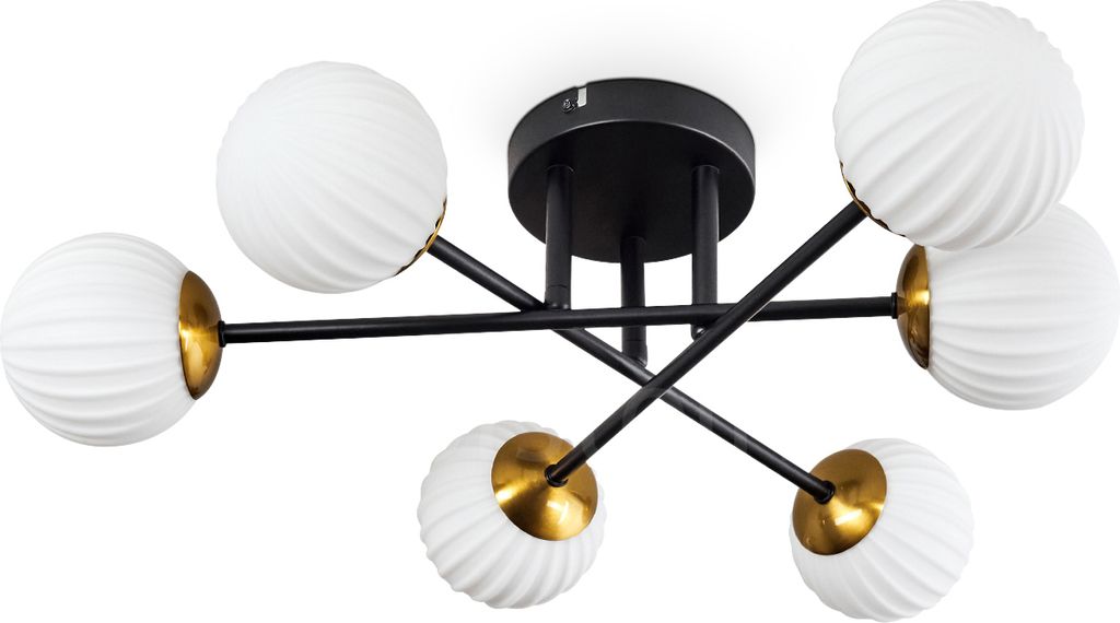 Isorella Deckenlampe aus Metall/Riffelglas in Schwarz/Goldfarben/Weiß