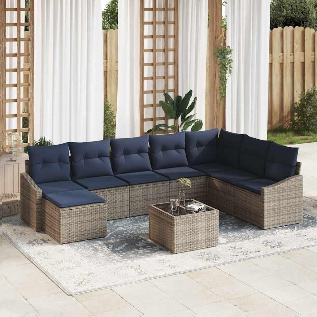Maison Exclusive - Gartensofa-set mit Kissen 8 pcs Grau und Marineblau Poly-Rattan
