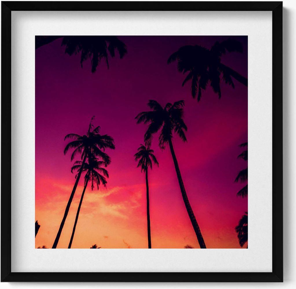 Palmen bei Sonnenuntergang– Wandbild mit Rahmen – Gerahmtes Bild – Wanddekoration – 50x50 cm – Schwarz Rahmen