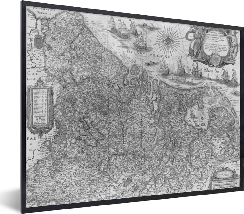 MuchoWow MuchoWow Gerahmtes Poster Eine alte schwarz-weiße Karte der Niederlande 40x30 cm - Poster mit zchwarzem Bilderrahmen - Kunstposter - ...