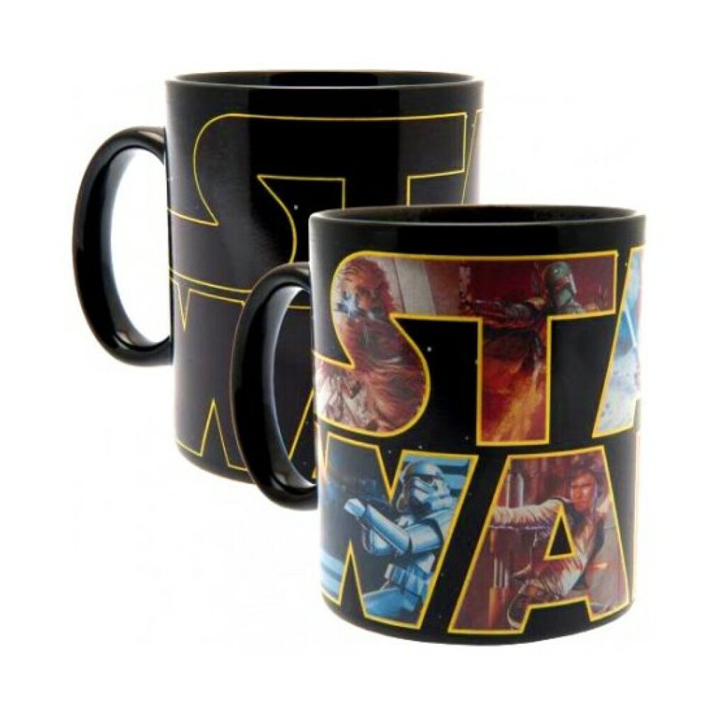Two black mugs with Star Wars logos and character images are displayed against a white background.