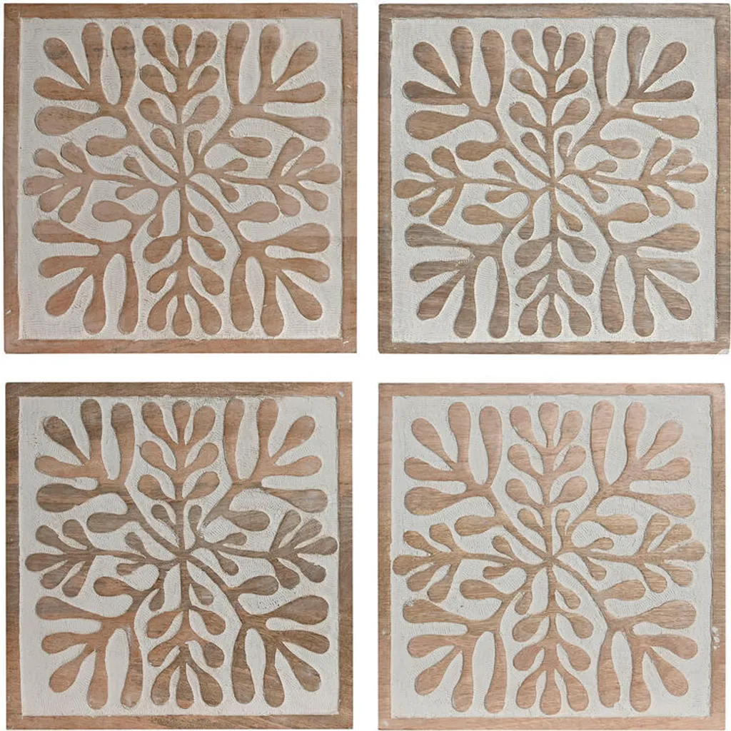 Décoration murale Home ESPRIT Blanc naturel fleuri 60x60 cm - Lot de 4