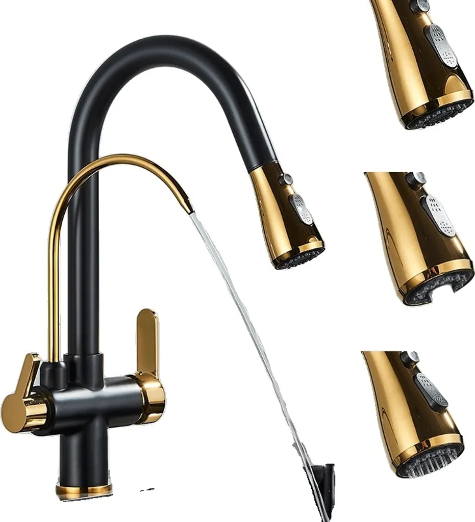 Rubinetto da cucina, doppia maniglia, rotazione a 360°, oro nero