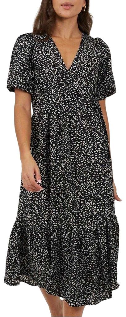 Brave Soul - Wickelkleid für Damen, Puffärmel GT14485 (42 DE) (Schwarz/Weiß)