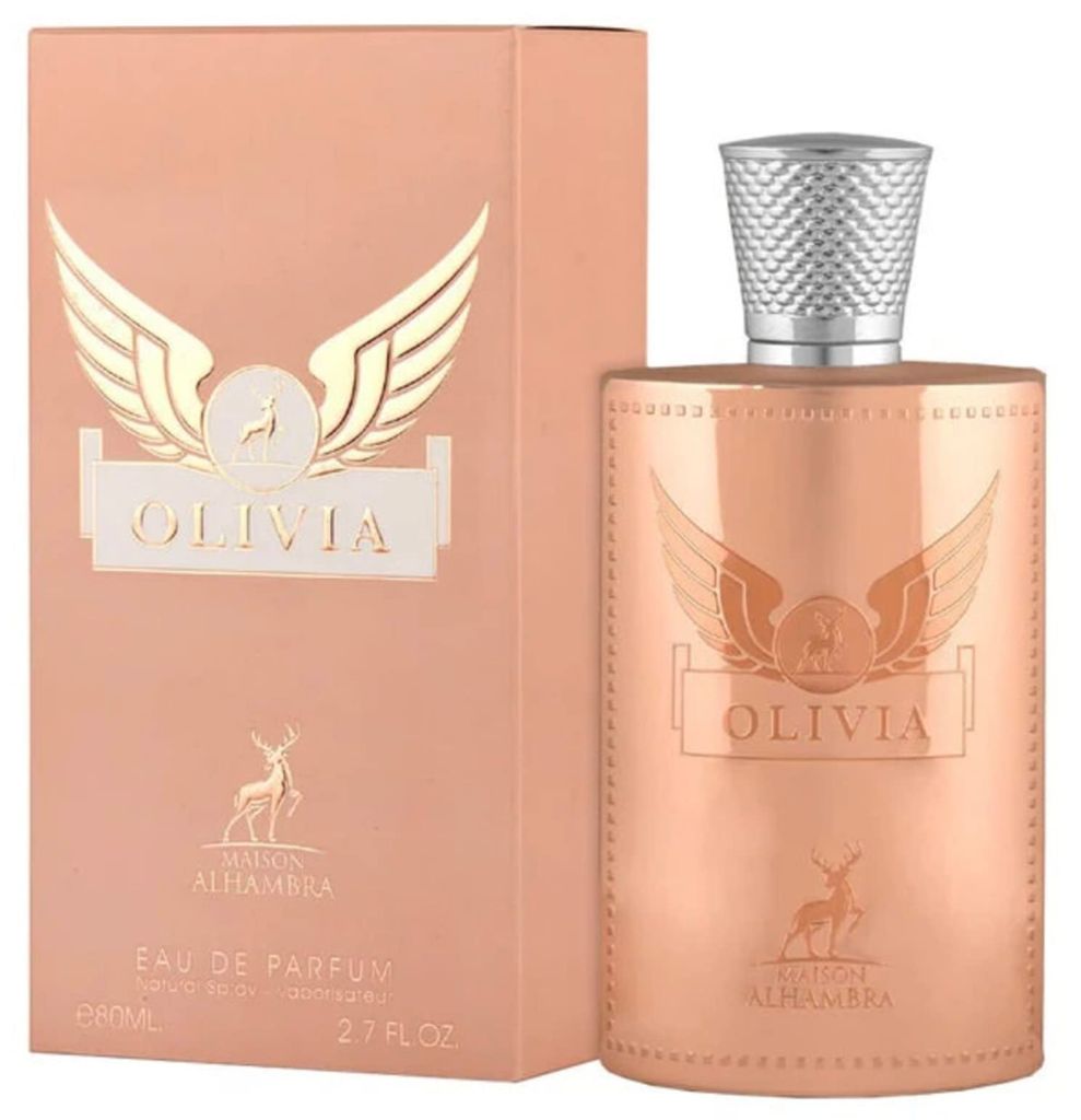 A perfume bottle and its packaging are displayed side-by-side against a white background.