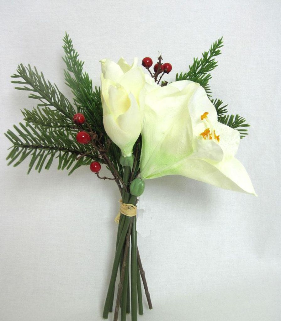 Amaryllisstrauß mit Tannengrün künstlich 4 Blüten ,weiss 27cm