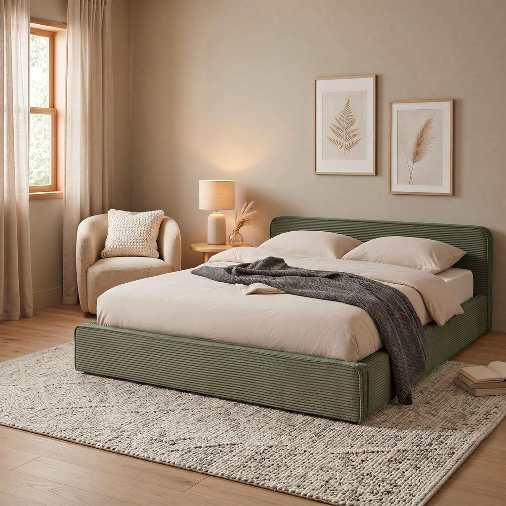 Polsterbett CURSIO mit Lattenrost 140x200, Grün – Bett mit Polsterung in Cordoptik, Holzrahmen mit Metallrohr, stabiles Doppelbett inklusive Lat...