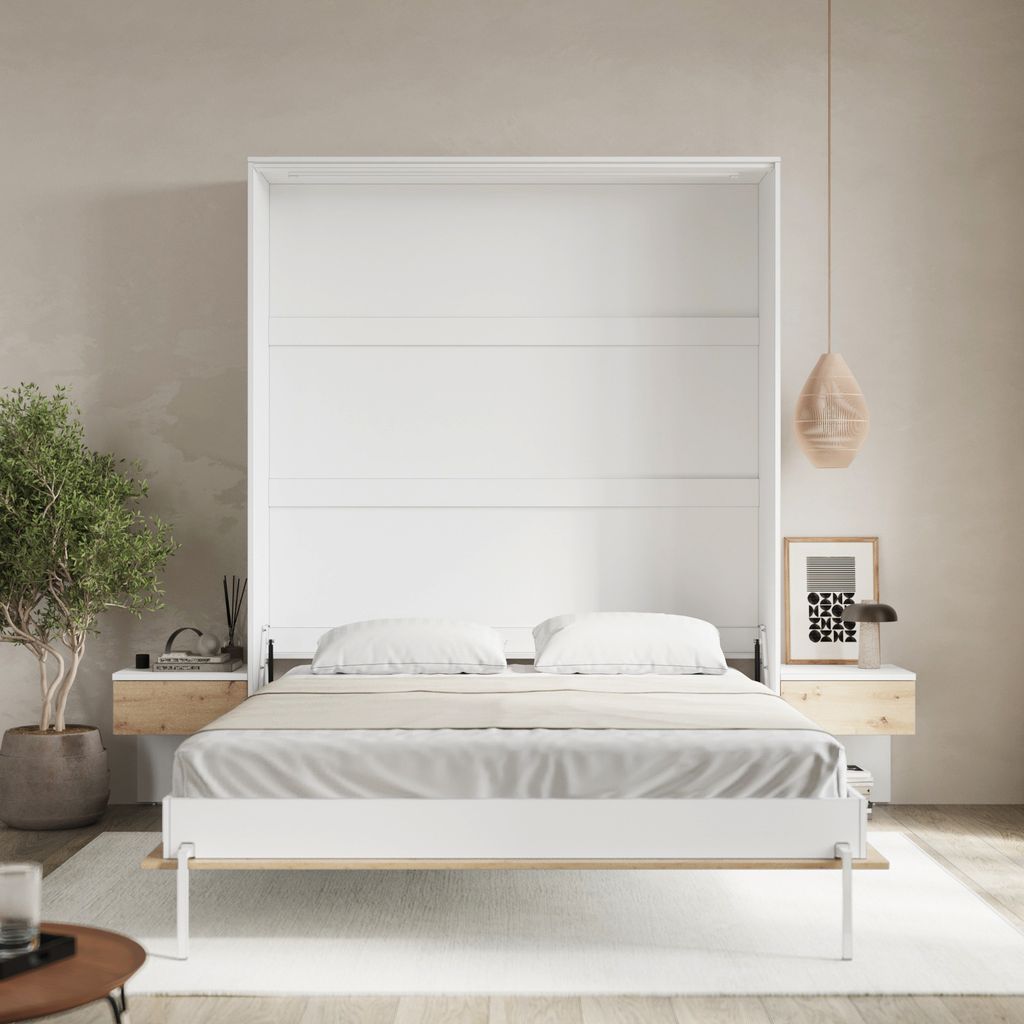 Schrankbett Set 160- Vertikal Smartbett Classic mit 2 Nachtkonsolen Weiss/Wildeiche