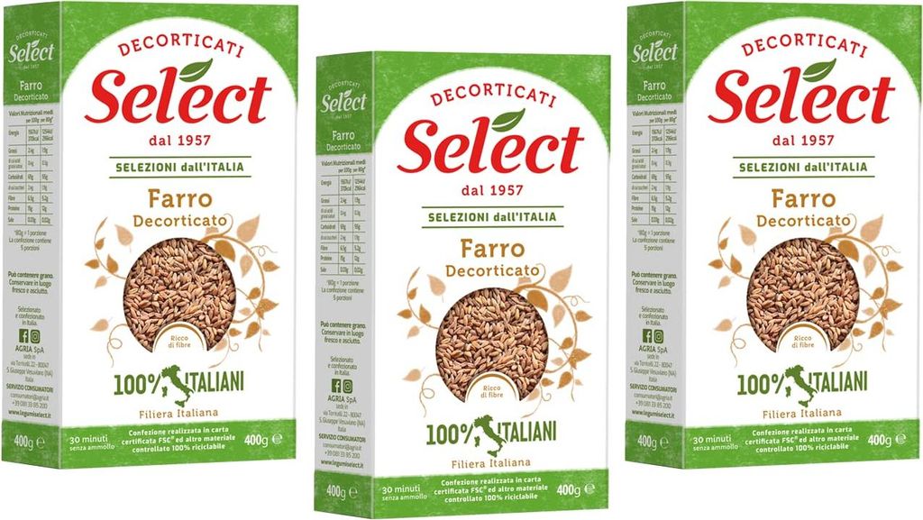 3x Select Farro Decorticato Geschälter Dinkel 100% Italienische Hülsenfrüchte Papier Verpackung von 400g