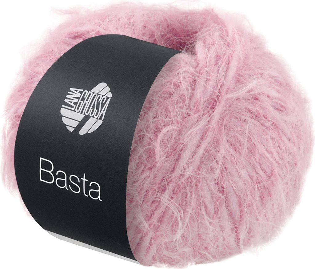 A ball of pink yarn with a black label.