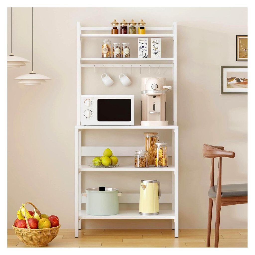 Stehendes Küchenregal für Mikrowellen, 5-stöckiges Regal mit 7 Haken, Metallregal (Weiß, 80x40x170cm)